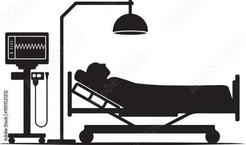 Black silhouette of patient on hospital bed with medical equipment