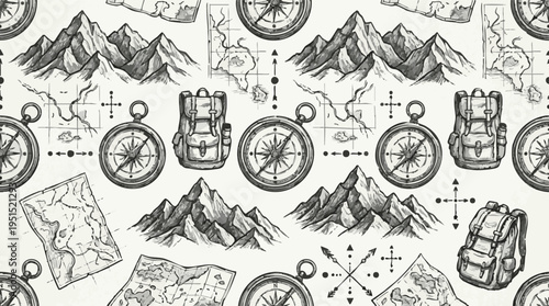 Seamless hand-drawn pattern featuring mountains, compasses, and backpacks for travel and adventure themes