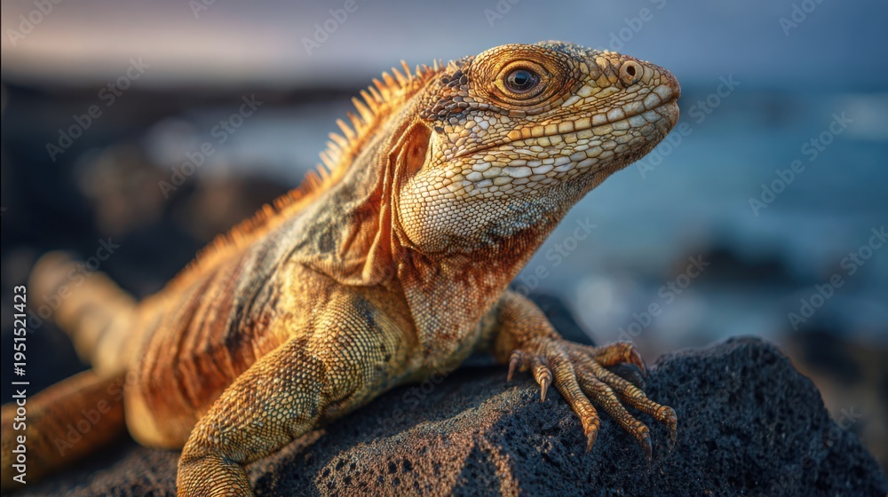 Obraz premium Detailed close-up portrait of a sun-drenched iguana basking on a textured lava rock, its scaly skin illuminated by warm golden light.