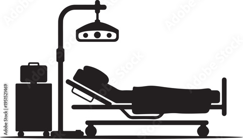 Black silhouette of patient on hospital bed with medical equipment