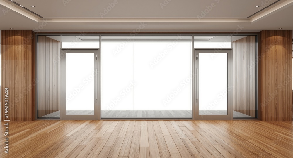 Fototapeta premium Modern architectural corridor with wooden flooring and clear glass doors showcasing blank white banner
