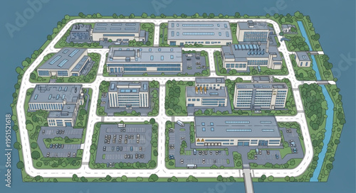 Aerial View of an Industrial Park with Multiple Buildings and Roads.