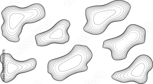 Abstract topographic shapes, contour line illustrations, black and white vector graphics, landscape design elements