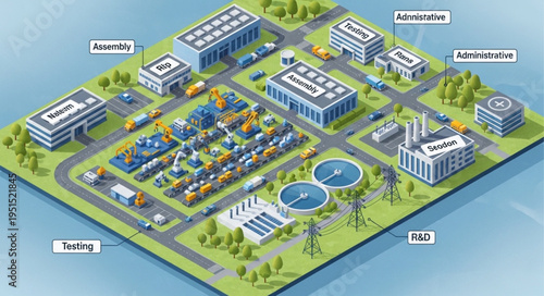 Isometric Industrial Complex Illustration with Buildings, Roads, and Green Spaces.