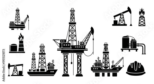 Silhouette Oil and Gas Industry Icons - Rigs, Platforms, and Equipment.