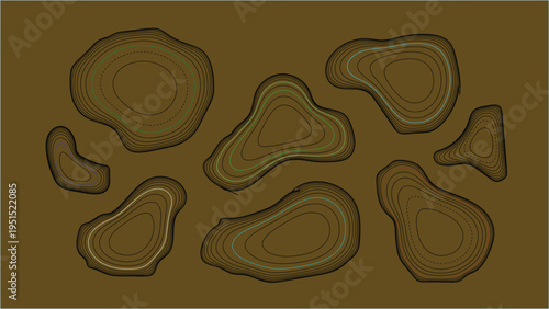 Abstract vector illustration of irregular layered shapes with textured outlines on a brown backgroun