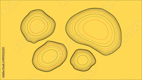 Four abstract circular shapes with detailed organic textures in vector art on a yellow background
