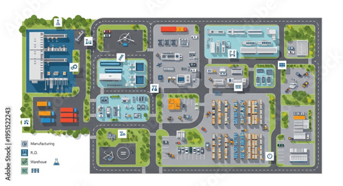 Detailed Industrial Plant Layout with Various Sections and Infrastructure.