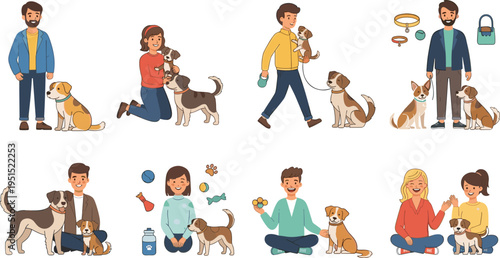 Cartoon People with Dogs Collection showing Owners Playing Training Feeding and Bonding with Pets in Home and Outdoor Lifestyle Scenes