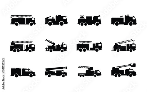 Collection of black silhouettes of various fire trucks and emergency vehicles in different