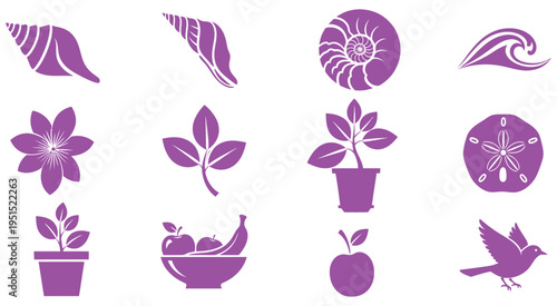Collection of Purple Silhouettes Featuring Nature-Inspired Icons Seashells, Flowers, Plants, Fruit, and Birds