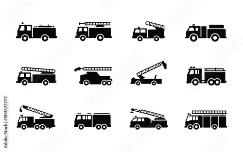 Collection of black fire truck silhouettes in various poses and angles on white background