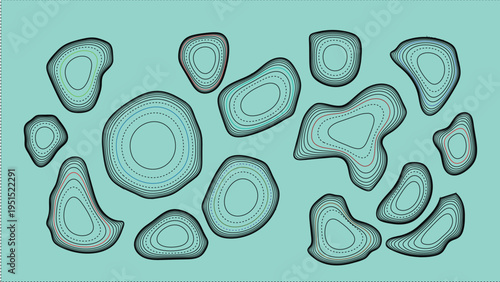 Vector illustration featuring multiple abstract organic shapes with textured outlines on a mint