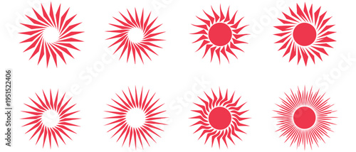 A Collection of Radiant Sunburst Designs in Vibrant Red, Showcasing a Spectrum of Stylized Rays and Circular Forms for Graphic Applications
