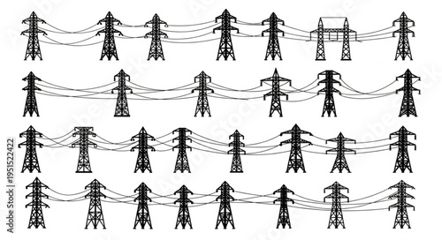 Array of High-Voltage Power Transmission Towers and Lines.