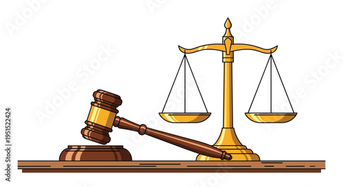 A wooden gavel and a golden scale of justice are displayed on a brown surface against a plain white background.