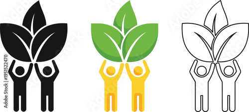 Three stylized variations of people holding green leaves as a symbol of environmental protection