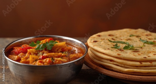 Traditional Indian breakfast of spicy curry with layered flatbread made from maida flour