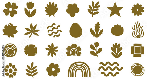 A Collection of Minimalist Organic and Floral Shapes, Including Flowers, Leaves, and Abstract Forms in a Golden-Brown Hue