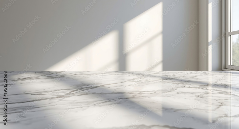 Obraz premium Sleek marble kitchen top under sunlight with window shadow for product presentation backdrop
