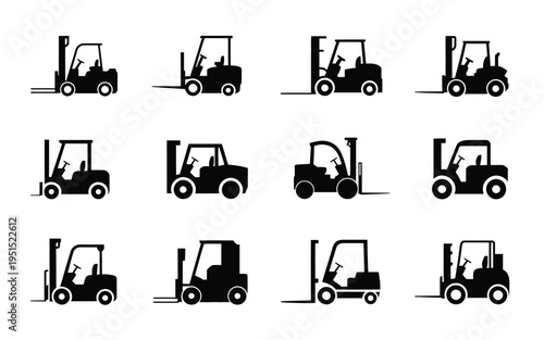 Forklift icons set black silhouette forklift trucks in various positions and angles on white