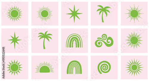 Whimsical Boho-Inspired Sun, Star, Rainbow, Palm Tree, and Cloud Icon Set on Pink Background