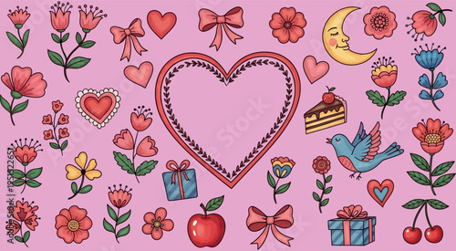 Delightful Vector Collection of Hand-Drawn Floral Elements, Sweet Love Hearts, Charming Bird, and Festive Decorations, Perfect for Romantic and Springtime Designs