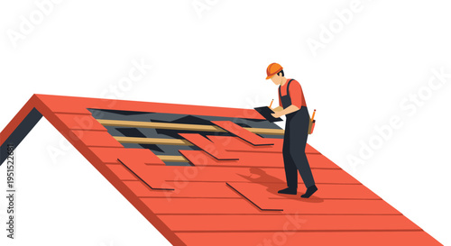 A male roofer in an orange hard hat inspects a damaged red tiled roof with exposed underlayment and wooden beams against a white background.