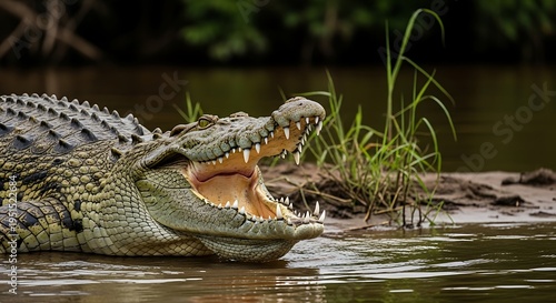 A powerful ancient crocodile opens its formidable jaws wide, showcasing sharp predatory teeth in a fierce display of strength and aggression within its wild riverine habitat