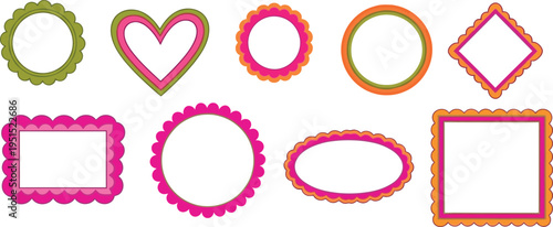 Vibrant collection of decorative frames and borders, featuring lively scalloped edges in various shapes like circles, hearts, squares, and ovals, ideal for creative design projects