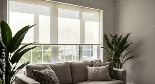 Indoor living area featuring motorized white roller window shades, couch, and leafy houseplant decor