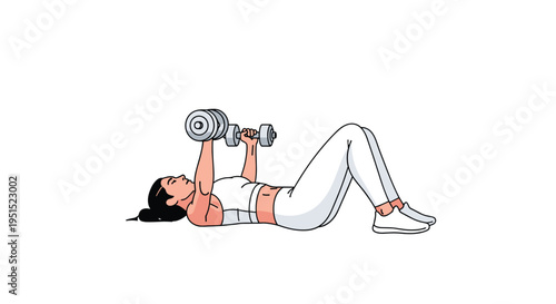 A woman is lying on her back, performing a chest press exercise with two silver dumbbells against a white background.