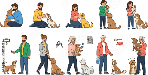 Cartoon People Caring for Dogs Collection with Pet Owners Feeding Training Grooming and Bonding with Pets in Home and Outdoor Scenes