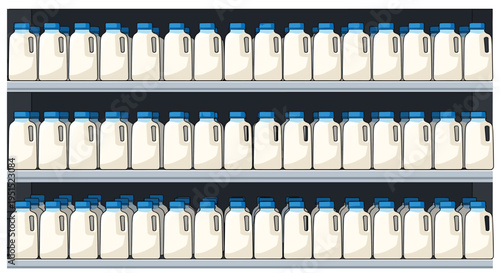 Three dark grey shelves are fully stocked with numerous white milk cartons, each with a blue cap, against a white background.
