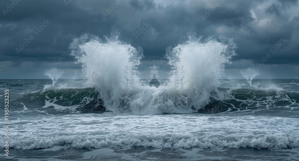 Naklejka premium agitated ocean surface with forceful wave breaks