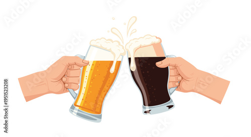 Two hands are toasting with a light and a dark beer mug, creating splashes against a clean white background.