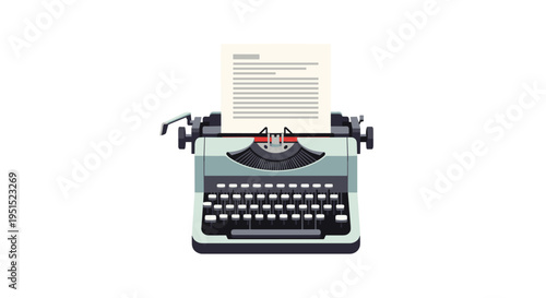 A vintage-style manual typewriter with gray and light blue colors features a sheet of paper with typed lines inserted into its carriage against a clean light gray background.