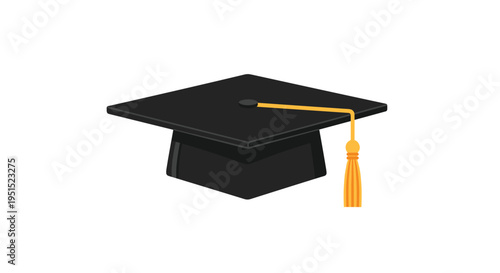 A black graduation cap with a golden tassel hangs from its top, positioned at a slight angle against a clean light gray background.