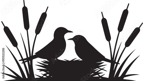 Black silhouette of two birds on nest surrounded by cattails