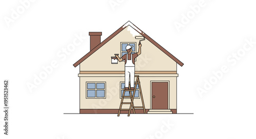 A man on a ladder paints the white roof of a brown house with a roller and a can of paint.