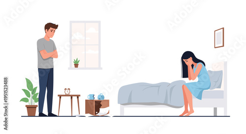 A man stands with crossed arms looking at a crying woman sitting on a bed in a bedroom with a broken cup.