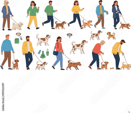 Cartoon People Walking Dogs Collection with Pet Owners Outdoor Activities Leashes Puppies and Lifestyle Scenes for Vector Illustration