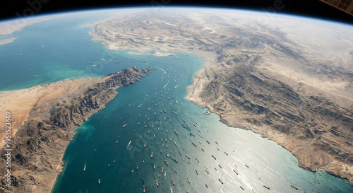 Aerial view of crowded Strait of Hormuz with numerous ships.