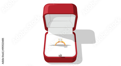 A vibrant red open jewelry box with a white velvet interior displays a golden engagement ring with a single sparkling diamond against a pure white background.