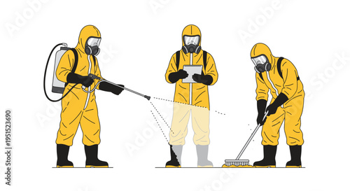 Three individuals in yellow hazmat suits and gas masks perform tasks of spraying, holding a tablet, and sweeping.