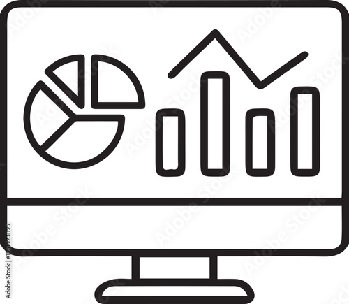 Silhouette of computer monitor displaying pie chart and bar graph on screen