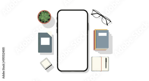 A black smartphone with a white screen is surrounded by a succulent, books, glasses, and a notebook in a flat lay on a white surface.