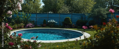 Round swimming pool concealed with blue tarps amidst green garden and blossoming flowers copy space