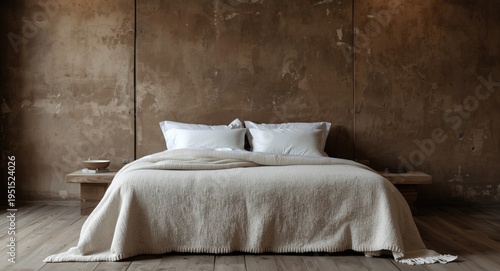 Rustic bedroom featuring a simple bed covered in linen blanket with brown weathered walls
