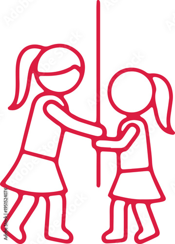 Two children holding hands and walking together in a simple line drawing